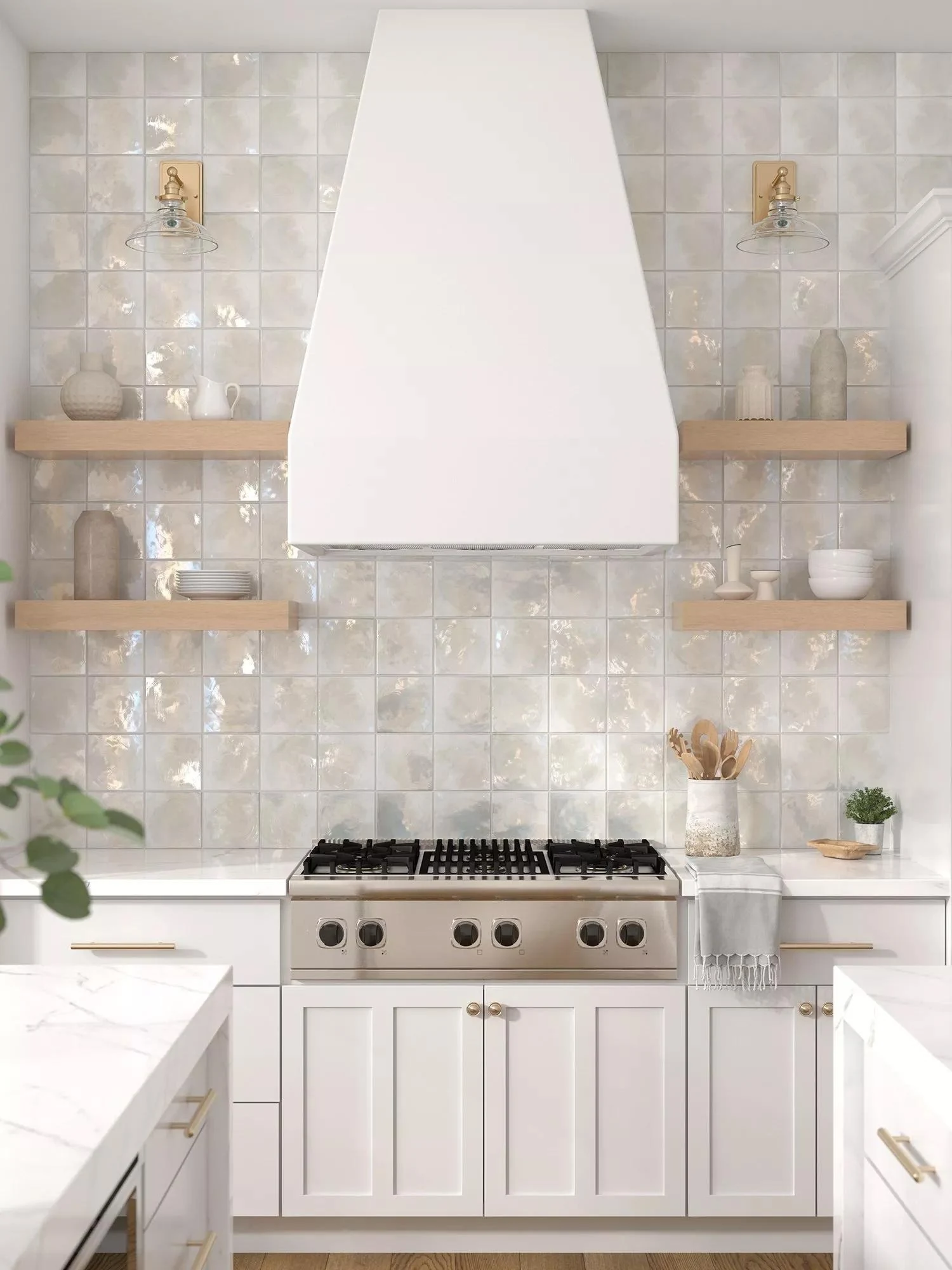 Pearlescent square mosaic installed in a bright kitchen
